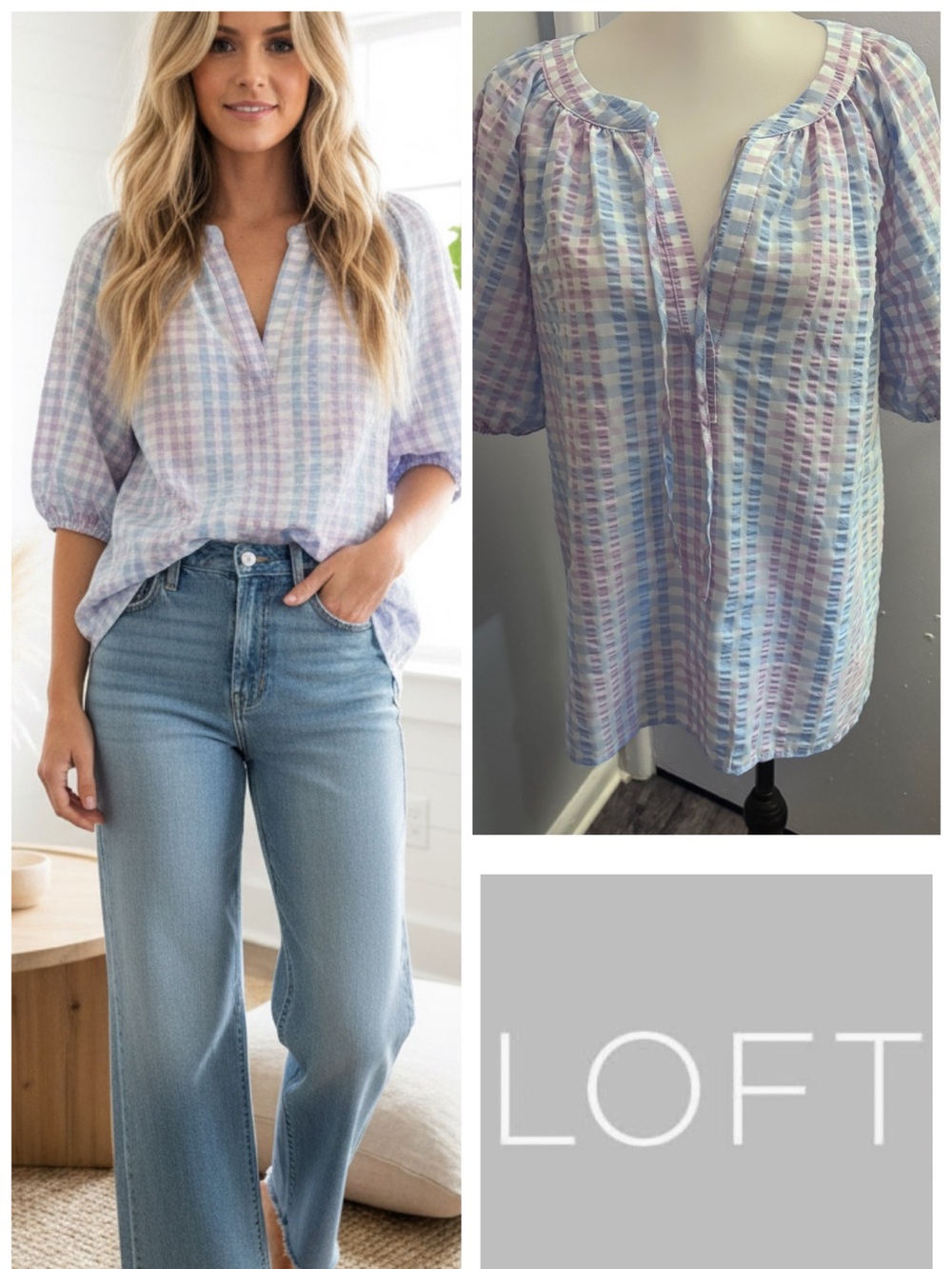 LOFT Pastel Plaid Peasant Top - Light Purple and Light Blue